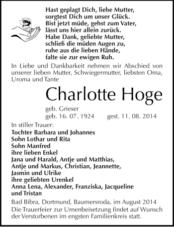 Traueranzeige von Charlotte Hoge von Mitteldeutsche Zeitung Naumburg/Nebra