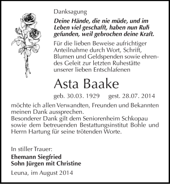Traueranzeige von Asta Baake von Mitteldeutsche Zeitung Merseburg/Querfurt