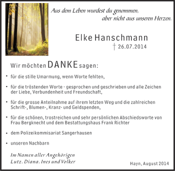 Traueranzeige von Elke Hanschmann von Mitteldeutsche Zeitung Sangerhausen