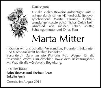 Traueranzeige von Marta Mitter von Mitteldeutsche Zeitung Weißenfels