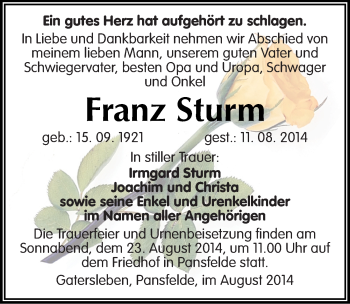Traueranzeige von Franz Sturm von Mitteldeutsche Zeitung Aschersleben