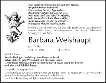 Traueranzeige von Barbara Weishaupt von Mitteldeutsche Zeitung Mansfelder Land