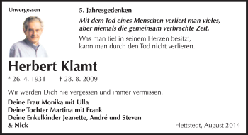 Traueranzeige von Herbert Klamt von Mitteldeutsche Zeitung Mansfelder Land