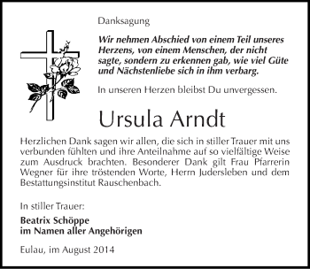 Traueranzeige von Ursula Arndt von Mitteldeutsche Zeitung Naumburg/Nebra