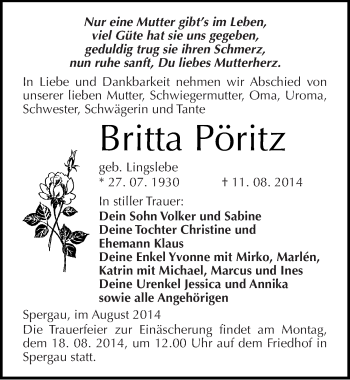 Traueranzeige von Britta Pöritz von Mitteldeutsche Zeitung Merseburg/Querfurt