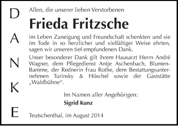 Traueranzeige von Frieda Fritzsche von Mitteldeutsche Zeitung Halle/Saalkreis