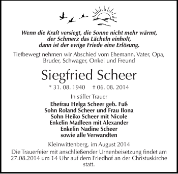 Traueranzeige von Siegfried Scheer von Mitteldeutsche Zeitung Wittenberg