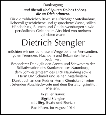 Traueranzeige von Dietrich Stengler von Mitteldeutsche Zeitung Naumburg/Nebra