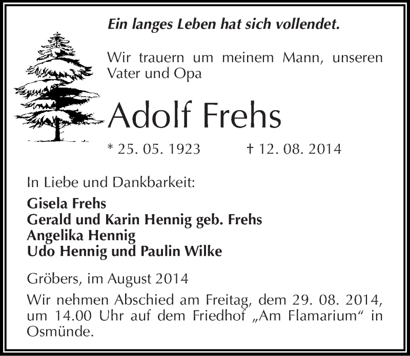  Traueranzeige für Adolf Frehs vom 16.08.2014 aus Mitteldeutsche Zeitung Halle/Saalkreis