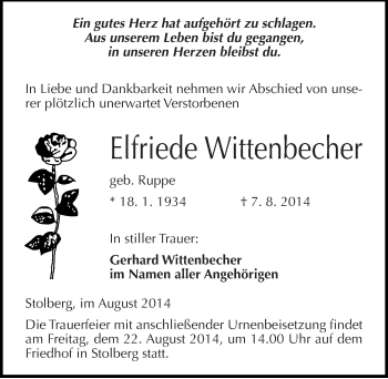 Traueranzeige von Elfriede Wittenbecher von Mitteldeutsche Zeitung Sangerhausen