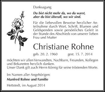 Traueranzeige von Christiane Rohne von Mitteldeutsche Zeitung Mansfelder Land