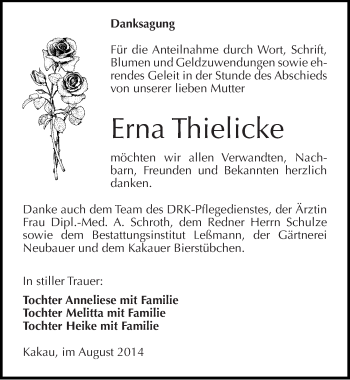 Traueranzeige von Erna Thielicke von Mitteldeutsche Zeitung Wittenberg
