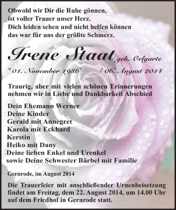 Traueranzeige von Irene Staat von Mitteldeutsche Zeitung Quedlinburg