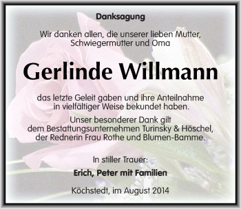 Traueranzeige von Gerlinde Willmann von Mitteldeutsche Zeitung Halle/Saalkreis