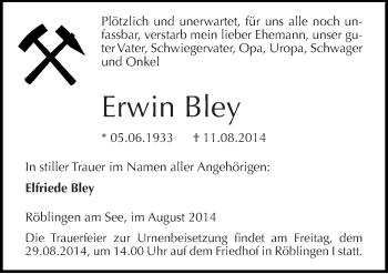 Traueranzeige von Erwin Bley von Mitteldeutsche Zeitung Mansfelder Land