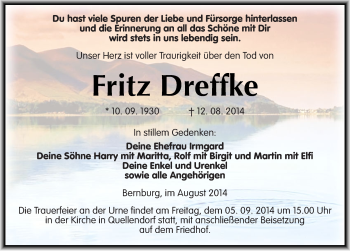 Traueranzeige von Fritz Dreffke von Mitteldeutsche Zeitung Bernburg