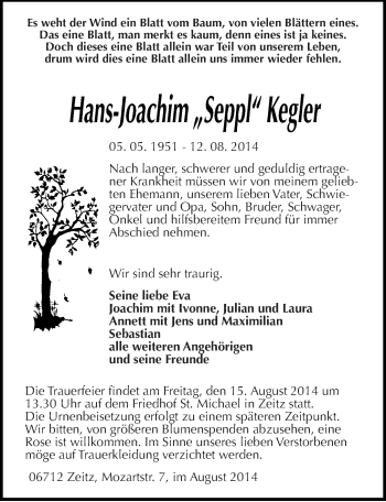 Traueranzeige von Hans-Joachim Kegler von Mitteldeutsche Zeitung Zeitz