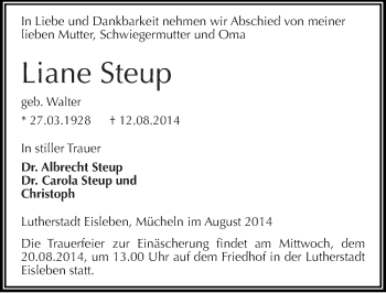 Traueranzeige von Liane Steup von Mitteldeutsche Zeitung