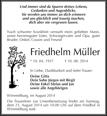 Traueranzeige von Friedhelm Müller von Mitteldeutsche Zeitung Mansfelder Land
