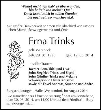 Traueranzeige von Erna Trinks von Mitteldeutsche Zeitung Naumburg/Nebra