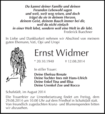 Traueranzeige von Ernst Widmer von Mitteldeutsche Zeitung Merseburg/Querfurt