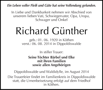 Traueranzeige von Richard Günther von Mitteldeutsche Zeitung Köthen