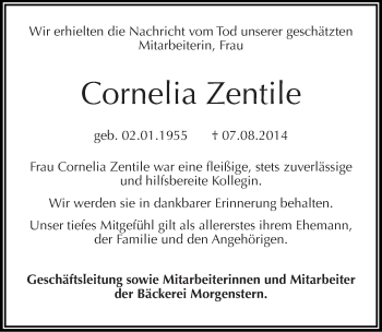 Traueranzeige von Cornelia Zentile von Mitteldeutsche Zeitung Mansfelder Land