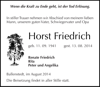 Traueranzeige von Horst Friedrich von Mitteldeutsche Zeitung Quedlinburg