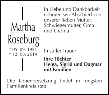 Traueranzeige von Martha Roseburg von Mitteldeutsche Zeitung Köthen