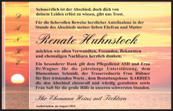 Traueranzeige von Renate Huhnstock von Mitteldeutsche Zeitung Aschersleben