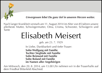 Traueranzeige von Elisabeth Meisert von Mitteldeutsche Zeitung Bitterfeld