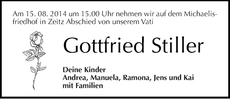  Traueranzeige für Gottfried Stiller vom 15.08.2014 aus Mitteldeutsche Zeitung Zeitz