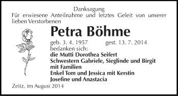 Traueranzeige von Petra Böhme von Mitteldeutsche Zeitung Zeitz