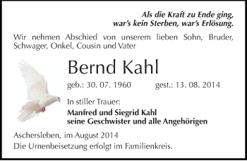Traueranzeige von Bernd Kahl von Mitteldeutsche Zeitung Aschersleben