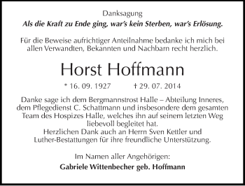 Traueranzeige von Horst Hoffmann von Mitteldeutsche Zeitung Halle/Saalkreis