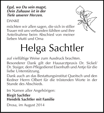 Traueranzeige von Helga Sachtler von Mitteldeutsche Zeitung Köthen