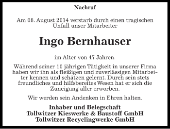Traueranzeige von Ingo Bernhauser von Mitteldeutsche Zeitung Merseburg/Querfurt