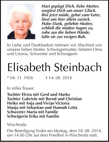 Traueranzeige von Elisabeth Steinbach von Mitteldeutsche Zeitung Naumburg/Nebra