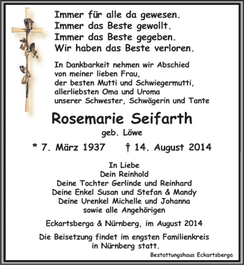 Traueranzeige von Rosemarie Seifarth von Mitteldeutsche Zeitung Naumburg/Nebra