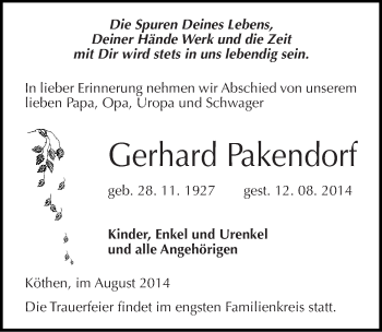 Traueranzeige von Gerhard Pakendorf von Mitteldeutsche Zeitung Köthen