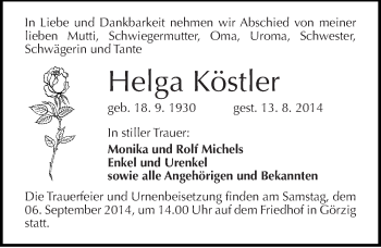 Traueranzeige von Helga Köstler von Mitteldeutsche Zeitung Köthen