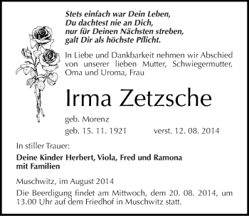 Traueranzeige von Irma Zetzsche von Mitteldeutsche Zeitung Weißenfels