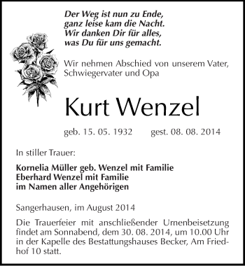 Traueranzeige von Kurt Wenzel von Mitteldeutsche Zeitung Sangerhausen