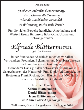 Traueranzeige von Elfriede Blättermann von Mitteldeutsche Zeitung Sangerhausen