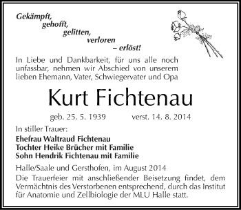 Traueranzeige von Kurt Fichtenau von Mitteldeutsche Zeitung Halle/Saalkreis
