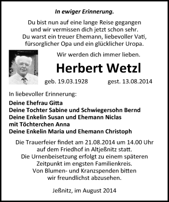 Traueranzeige von Herbert Wetzl von Mitteldeutsche Zeitung Bitterfeld