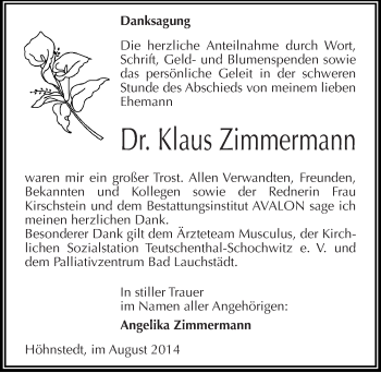 Traueranzeige von Klaus Zimmermann von Mitteldeutsche Zeitung Halle/Saalkreis