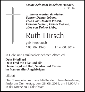 Traueranzeige von Ruth Hirsch von Mitteldeutsche Zeitung Naumburg/Nebra