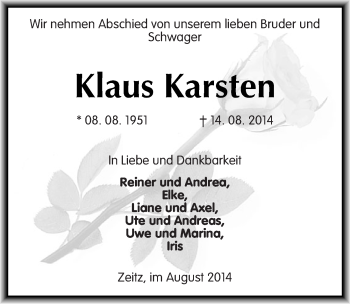 Traueranzeige von Klaus Karsten von Mitteldeutsche Zeitung Zeitz
