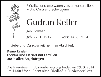 Traueranzeige von Gudrun Keller von Mitteldeutsche Zeitung Bitterfeld